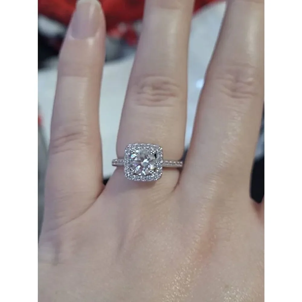 18K White Gold and White Diamond Cubic Zirconia Square Halo Eternity Ring